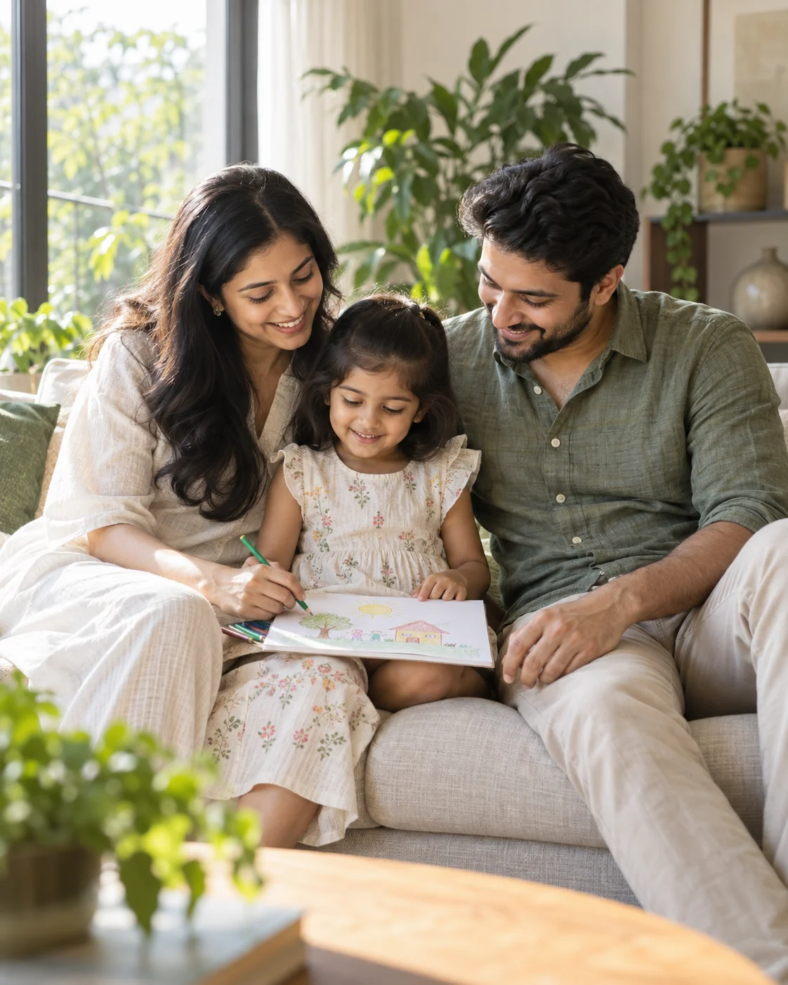 A family sharing an afternoon drawing together at home